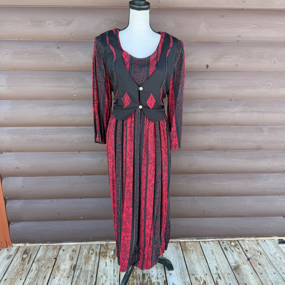 VTG 90s Olivia Rose Dress Maxi Red Black Floral Vest Waistcoat Whimsigoth Sz M/L